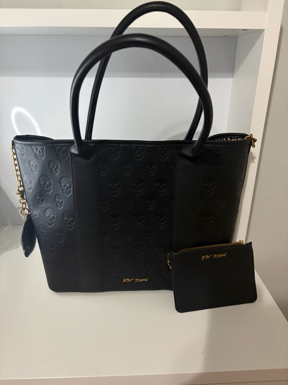 Betsey Johnson Black Embossed Skull Tote with Matching Pouch